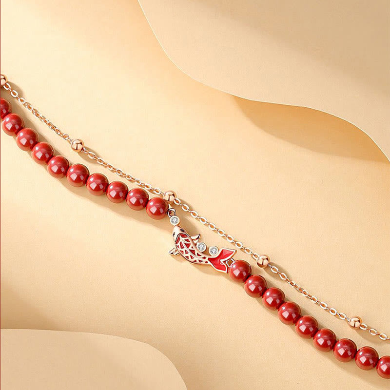 Wear FengShui 925 Sterling Silver Lucky Koi Fish Cinnabar Zircon Prosperity Double Layer Chain Bracelet