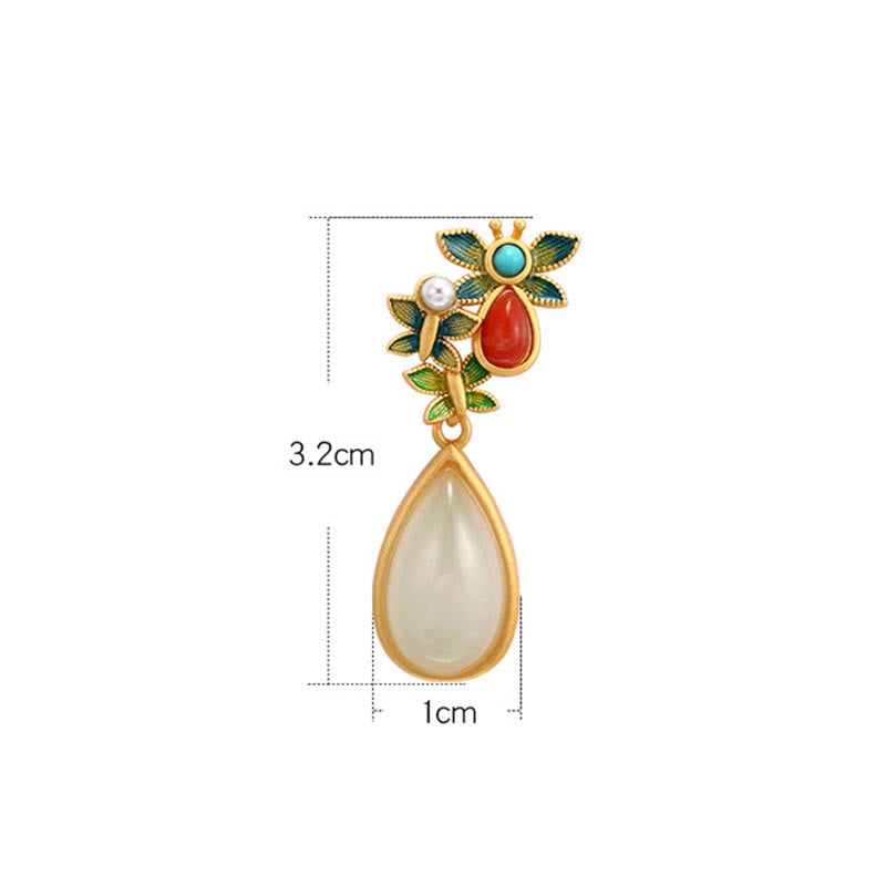 Wear FengShui Water Drop White Jade Red Agate Butterfly Protection Drop Dangle Earrings