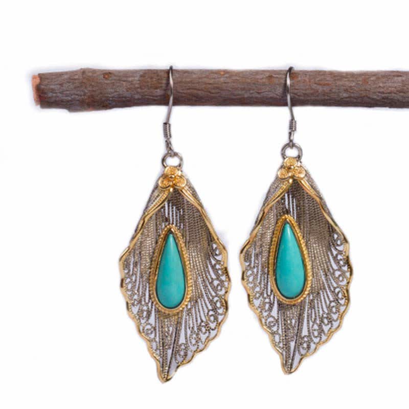 Wear FengShui 925 Sterling Silver Turquoise Bodhi Leaf Pattern Protection Drop Dangle Earrings