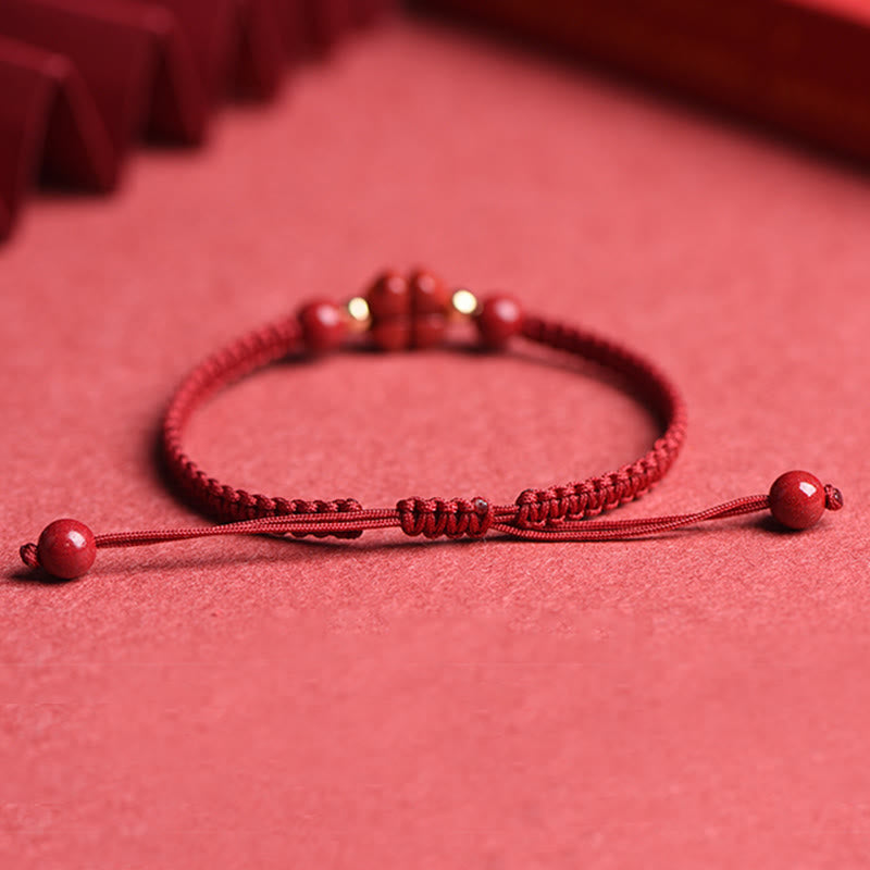 Wear FengShui Four Leaf Clover Five-petal Flower Cinnabar Blessing Red String Bracelet