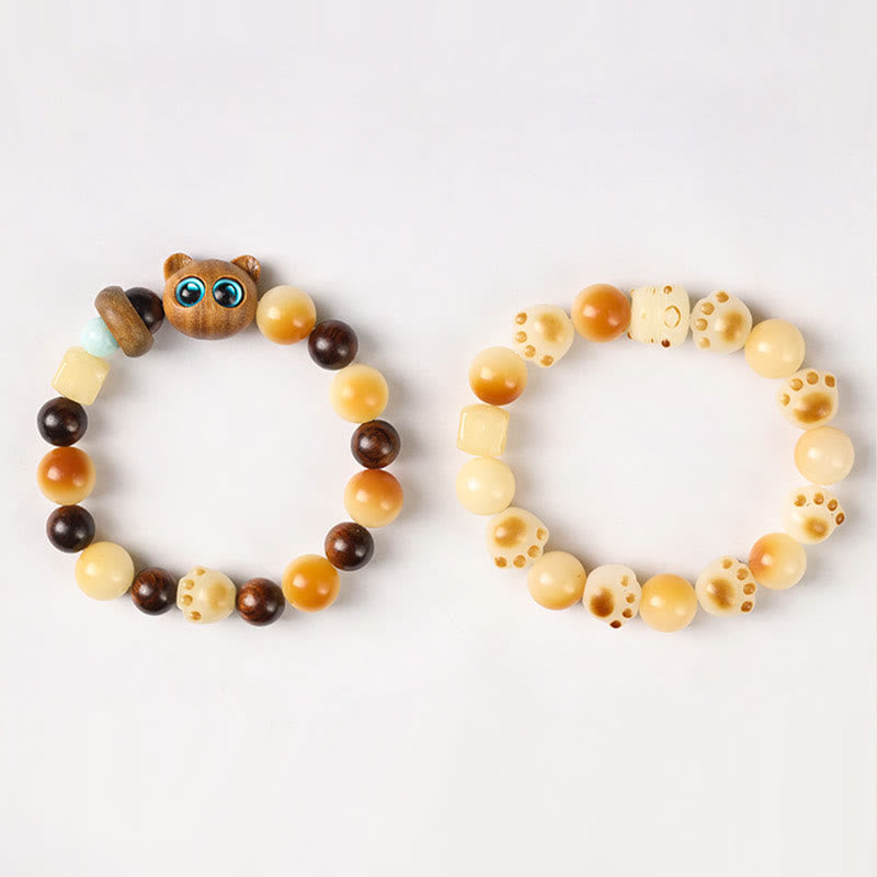 Wear FengShui Natural Bodhi Seed Sandalwood Lucky Cute Cat Head Paw Claw Peace Bracelet