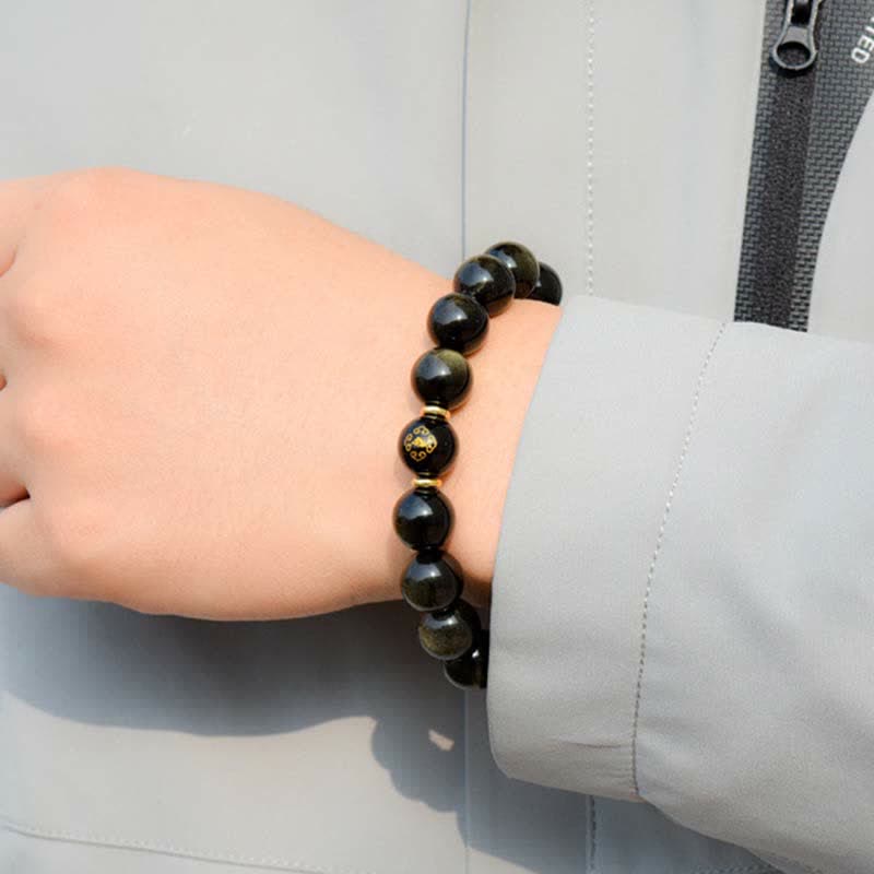Wear FengShui Chinese Zodiac Natal Buddha Gold Sheen Obsidian Wealth Protection Bracelet