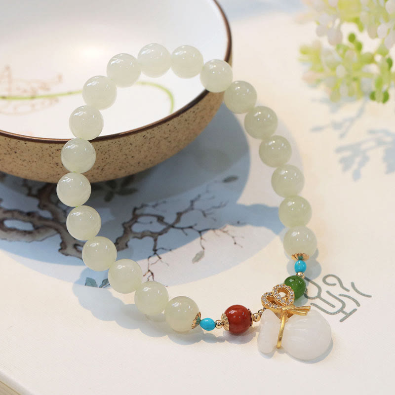 Wear FengShui Natural Hetian White Jade 14K Gold Plated Money Bag Blessing Bracelet