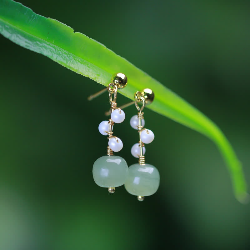 Wear FengShui Hetian Jade Flower Pattern 14K Gold Plated Luck Drop Dangle Earrings