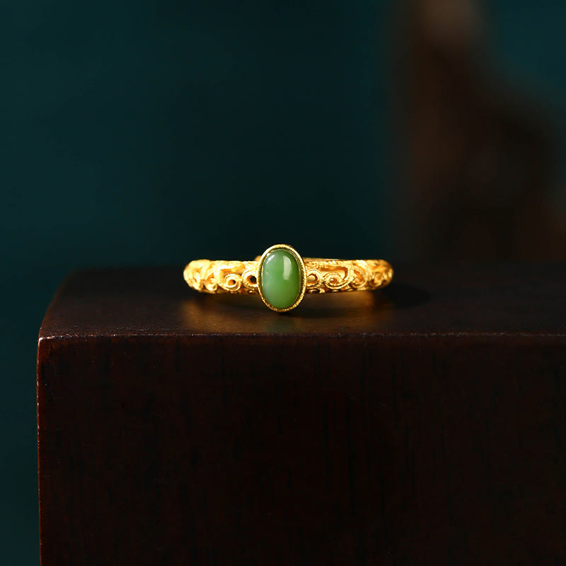 Wear FengShui Auspicious Cloud Pattern Cyan Jade Luck Adjustable Ring