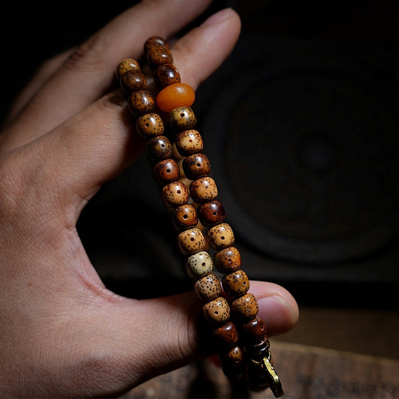 Wear FengShui Tibetan Bodhi Seed Amber Dzi Bead Agate Zakiram Goddess of Wealth Beads Triple Wrap Bracelet