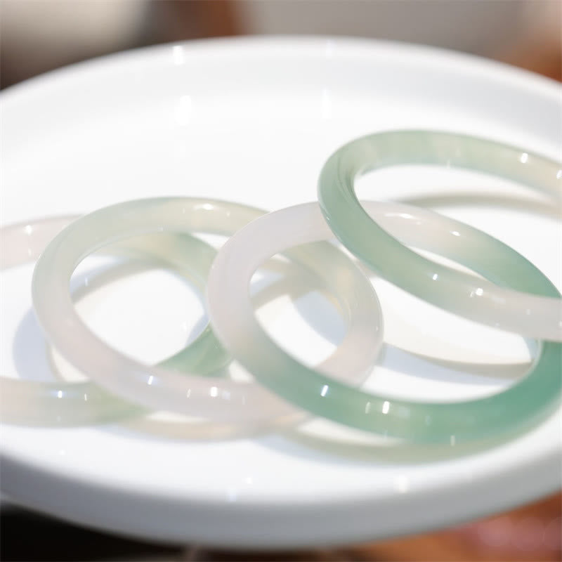 Wear FengShui Natural White And Green Chalcedony Agate Positive Cuff Bracelet Bangle