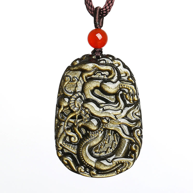 Wear FengShui Gold Sheen Obsidian Dragon Pattern Success Necklace Pendant