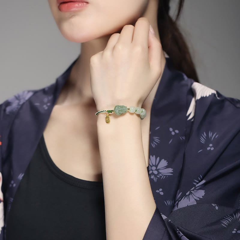 Wear FengShui Natural Hetian Jade PiXiu Luck Fu Character String Bracelet