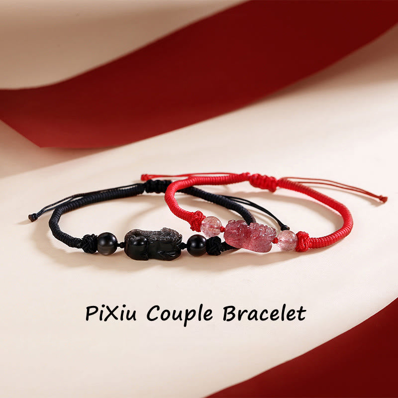 Wear FengShui Handmade Natural Silver Sheen Obsidian Strawberry Quartz PiXiu Protection Braided Bracelet