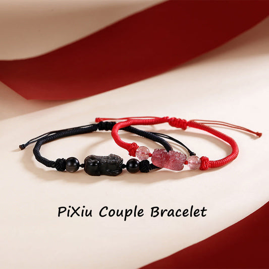 Wear FengShui Handmade Natural Silver Sheen Obsidian Strawberry Quartz PiXiu Protection Braided Bracelet