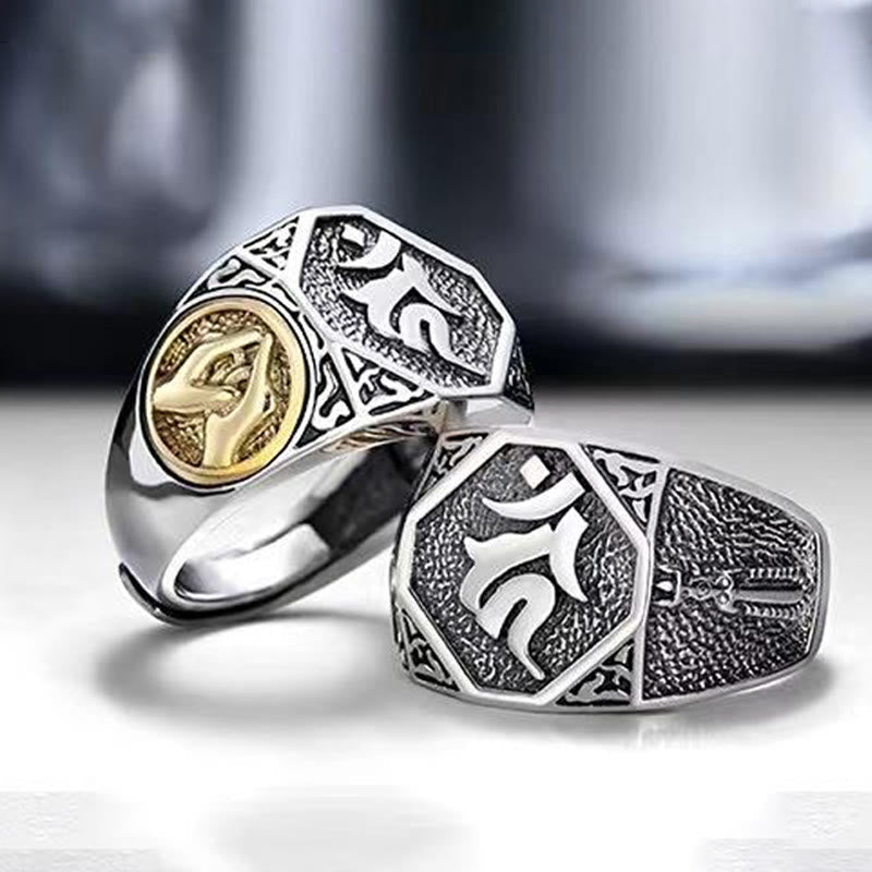 Wear FengShui 925 Sterling Silver Sanskrit Design Carved Protection Adjustable Ring