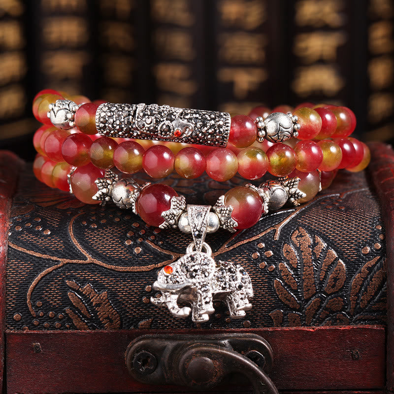 Wear FengShui Natural Watermelon Tourmaline PiXiu Elephant Positive Triple Wrap Bracelet