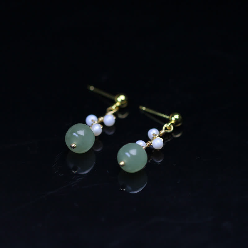 Wear FengShui Hetian Jade Flower Pattern 14K Gold Plated Luck Drop Dangle Earrings