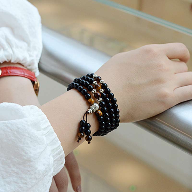 Wear FengShui Black Obsidian Tiger Eye Blessing Mala Bracelet