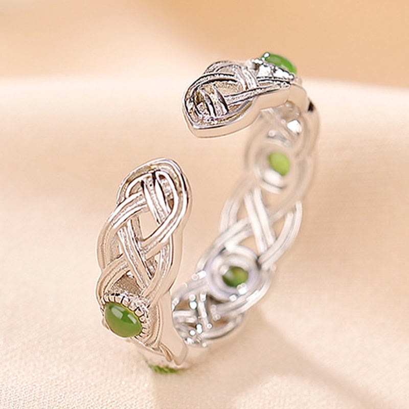 Wear FengShui 925 Sterling Silver Plated Gold Cyan Jade Braided Design Success Luck Adjustable Ring