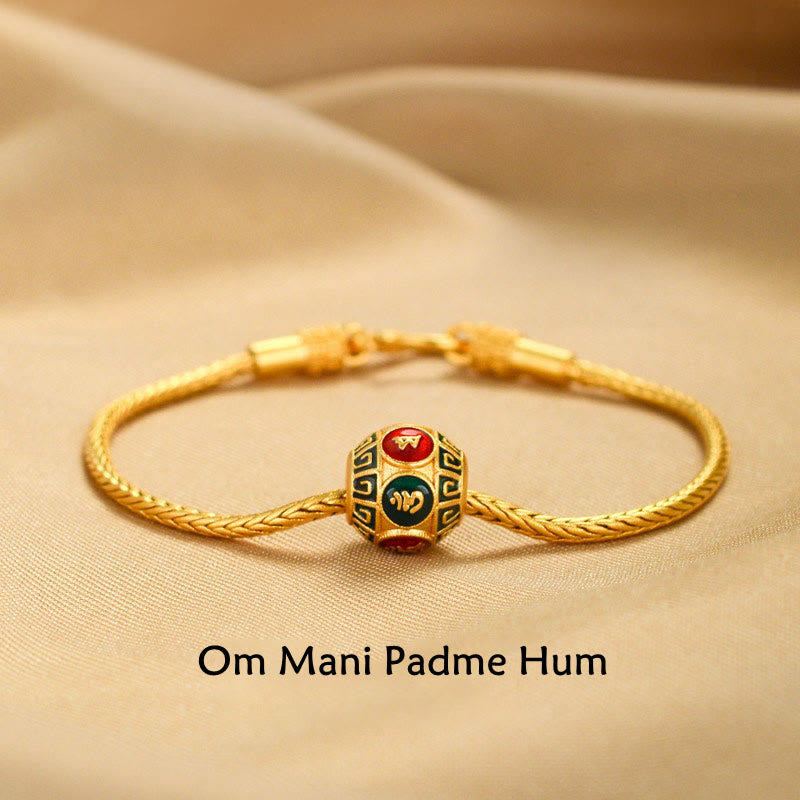 Wear FengShui Tibetan 18K Gold Om Mani Padme Hum Lucky Koi Fish Fu Character Ingot Copper Coin Peace Bracelet