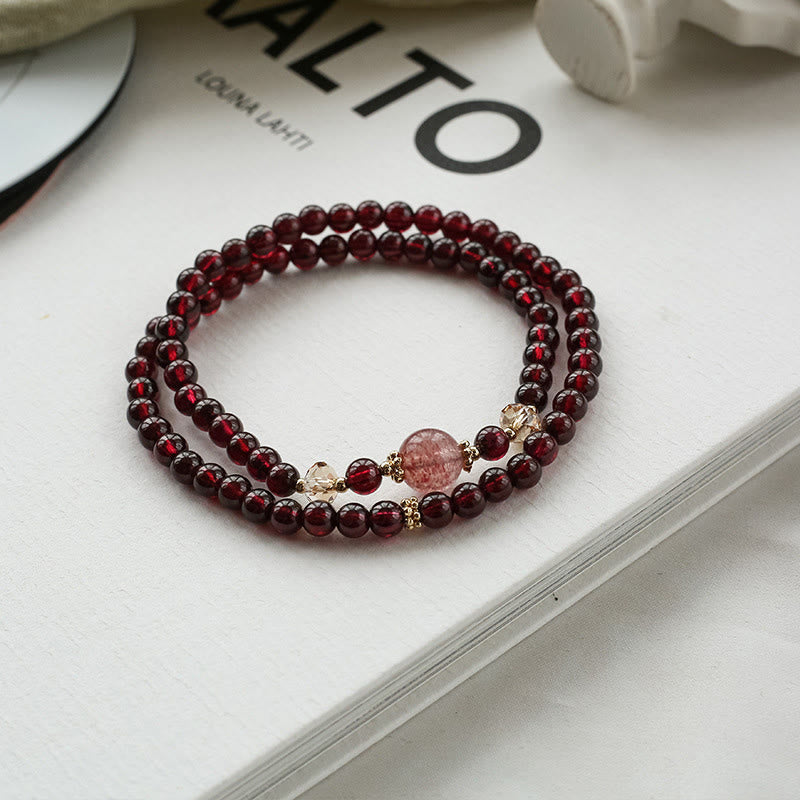 Wear FengShui 14K Gold Plated Natural Garnet Strawberry Quartz Stability Double Wrap Bracelet