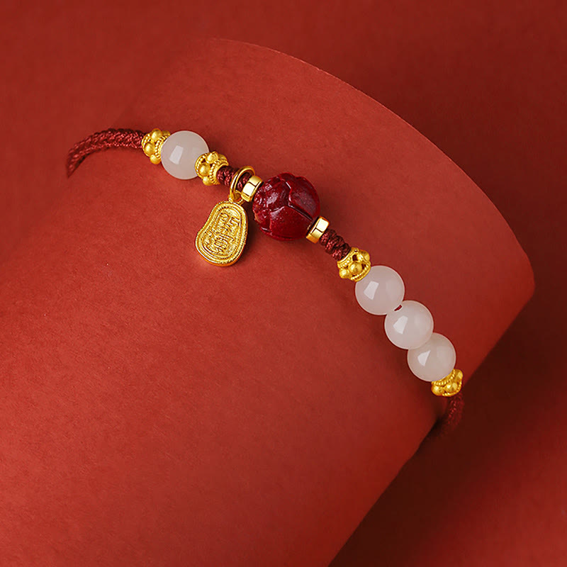 Wear FengShui 24K Gold Plated Hetian White Jade Cinnabar Lotus Luck Rope Bracelet