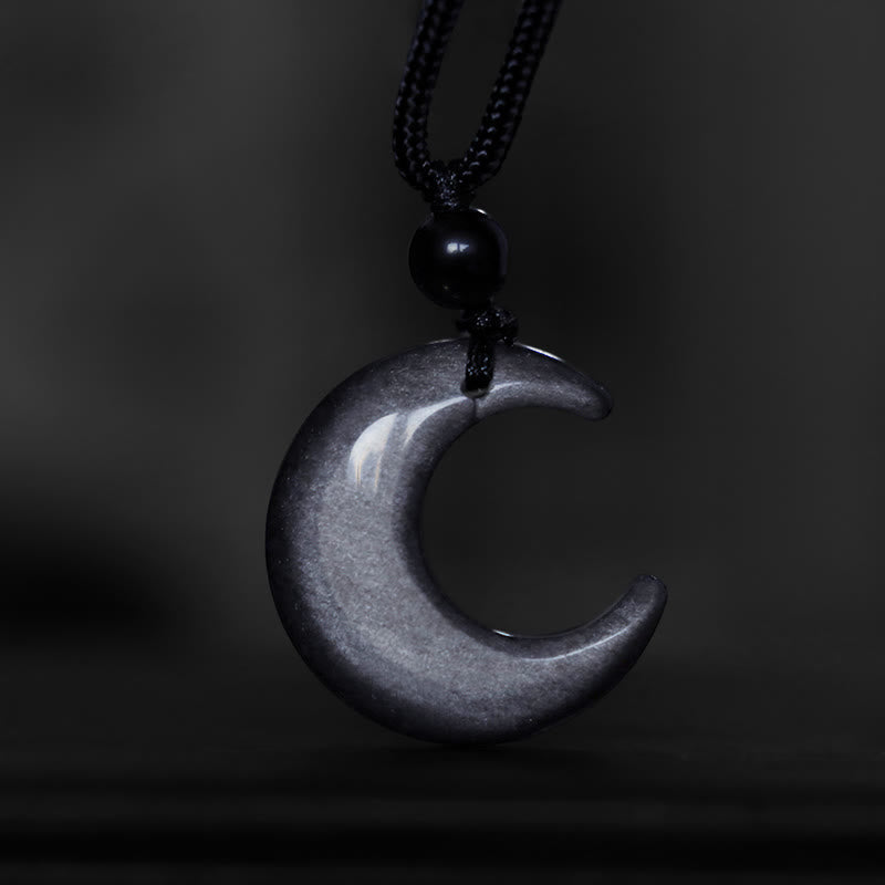 Wear FengShui Natural Silver Sheen Obsidian Selenite Crystal Crescent Moon Yin Yang Couple Protection Necklace Pendant