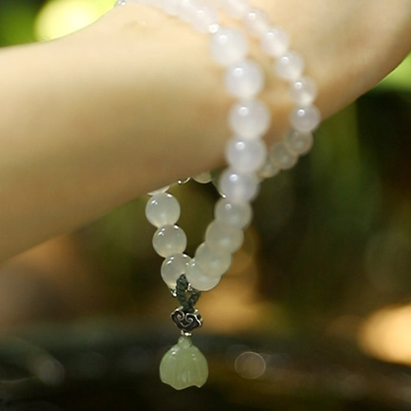 Wear FengShui White Agate Jade Lotus Protection Bracelet