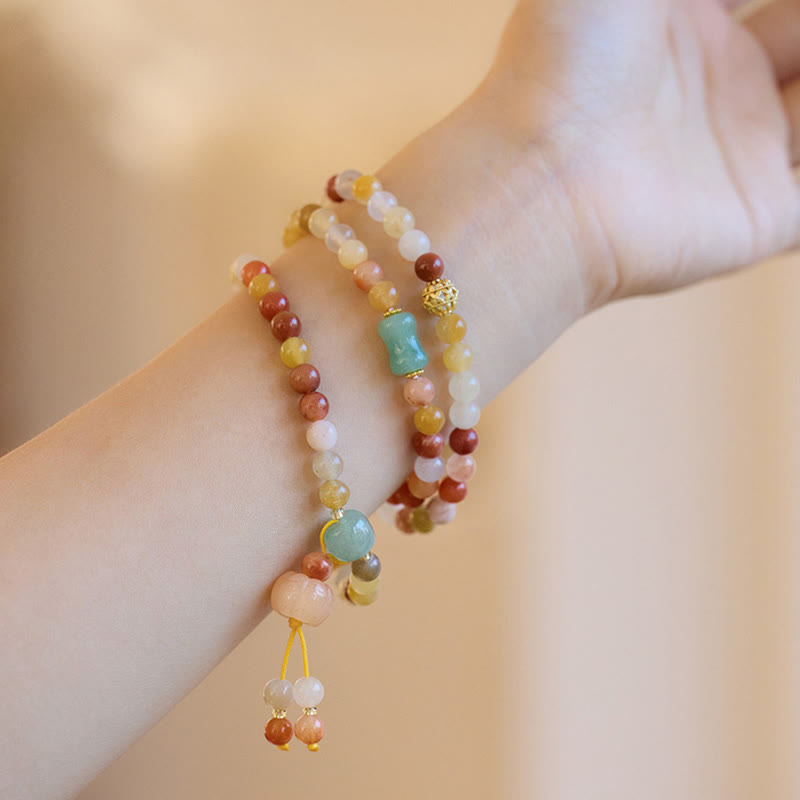 Wear FengShui Natural Golden Silk Jade Pumpkin Charm Wealth Luck Triple Wrap Bracelet