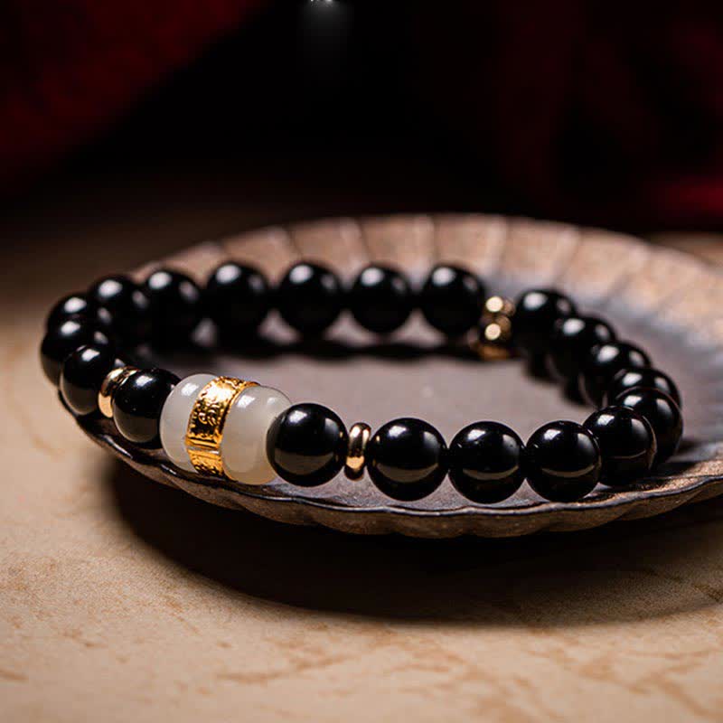 Wear FengShui Black Obsidian Jade Om Mani Padme Hum Strength Couple Magnetic Bracelet