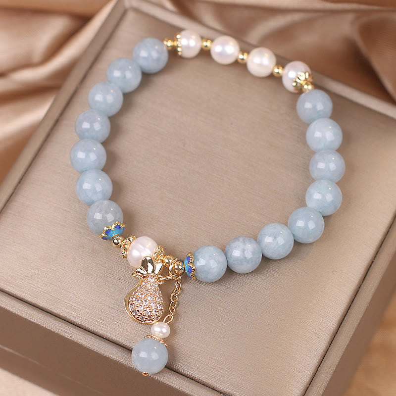Wear FengShui Aquamarine Pearl Fortune Money Bag Charm Bracelet