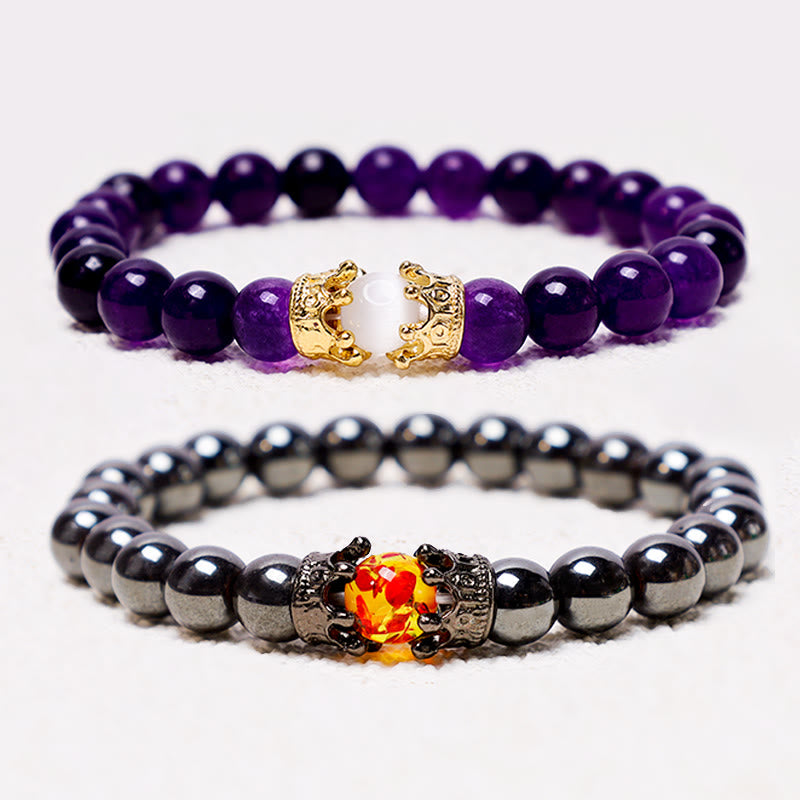 Wear FengShui Natural Stone King&Queen Crown Healing Energy Beads Couple Bracelet