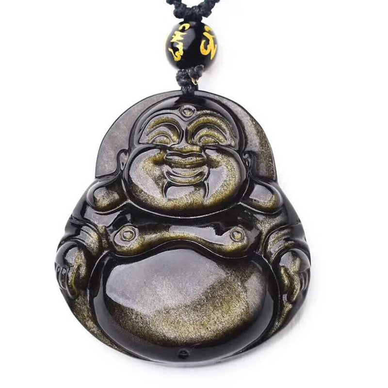 Wear FengShui Laughing Buddha Gold Sheen Obsidian Wealth Necklace Pendant