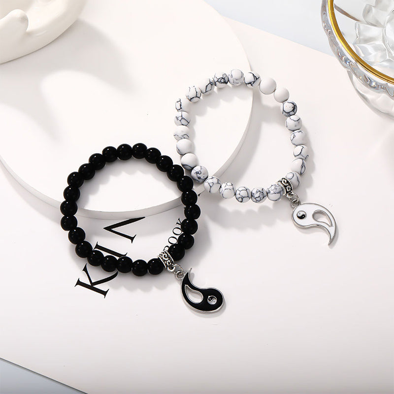 Wear FengShui 2Pcs Black Onyx White Turquoise Bead Yin Yang Protection Couple Bracelet