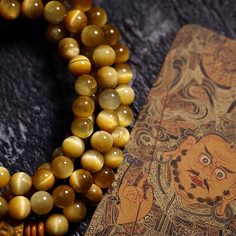 Wear FengShui 108 Mala Beads Natural Tiger Eye Copper Dorje Protection Tassel Bracelet