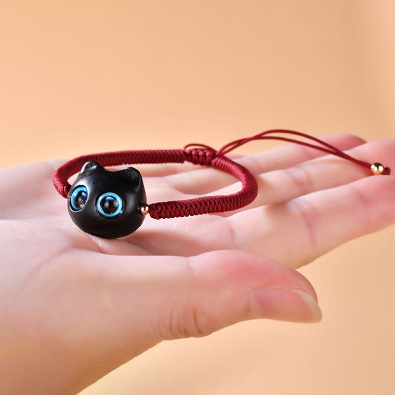 Wear FengShui Ebony Wood Cat Head Pattern Peace King Kong Knot Braided Bracelet