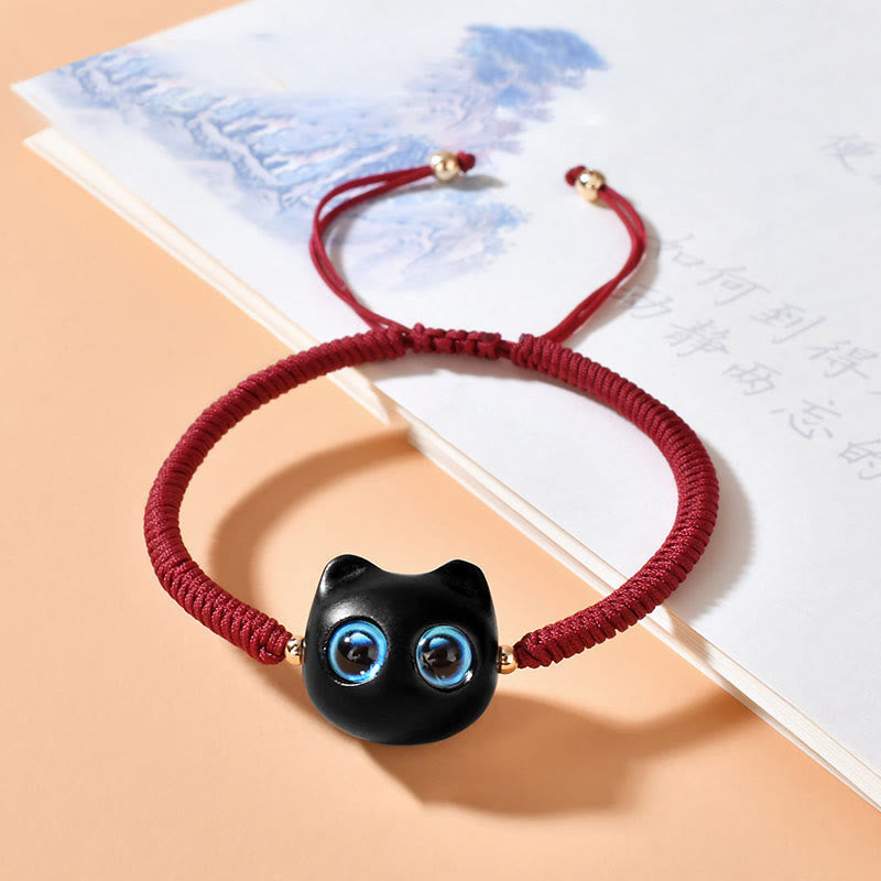 Wear FengShui Ebony Wood Cat Head Pattern Peace King Kong Knot Braided Bracelet