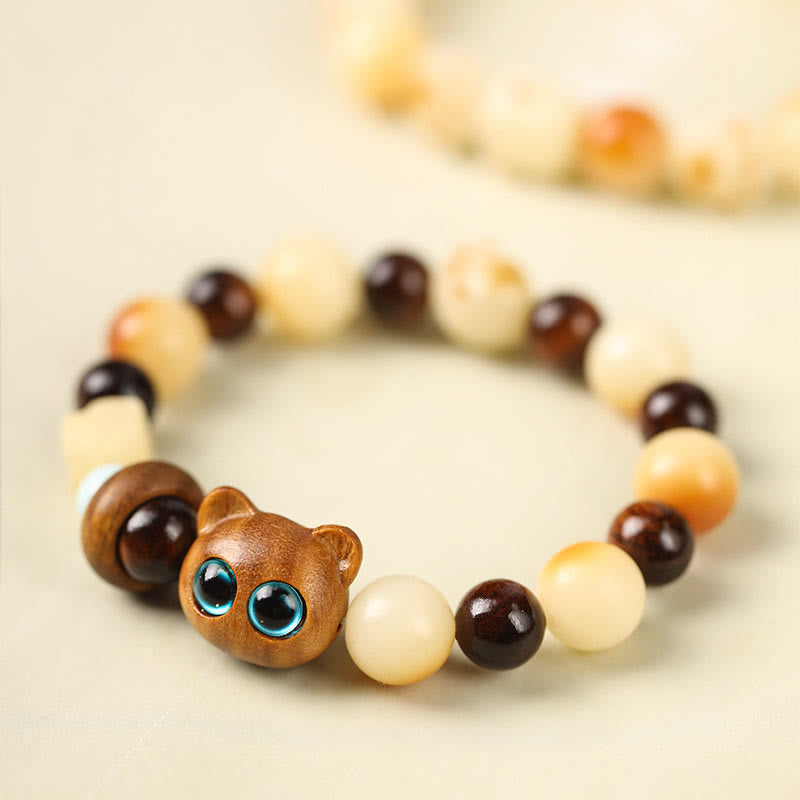 Wear FengShui Natural Bodhi Seed Sandalwood Lucky Cute Cat Head Paw Claw Peace Bracelet