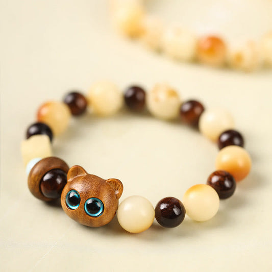 Wear FengShui Natural Bodhi Seed Sandalwood Lucky Cute Cat Head Paw Claw Peace Bracelet