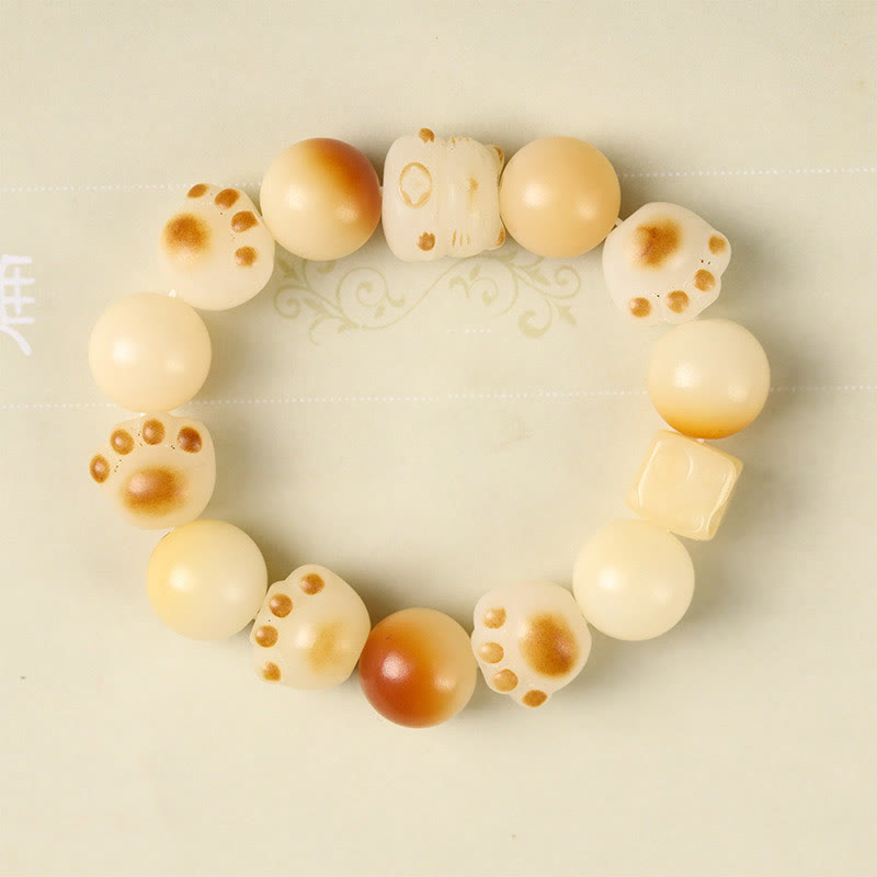 Wear FengShui Natural Bodhi Seed Sandalwood Lucky Cute Cat Head Paw Claw Peace Bracelet