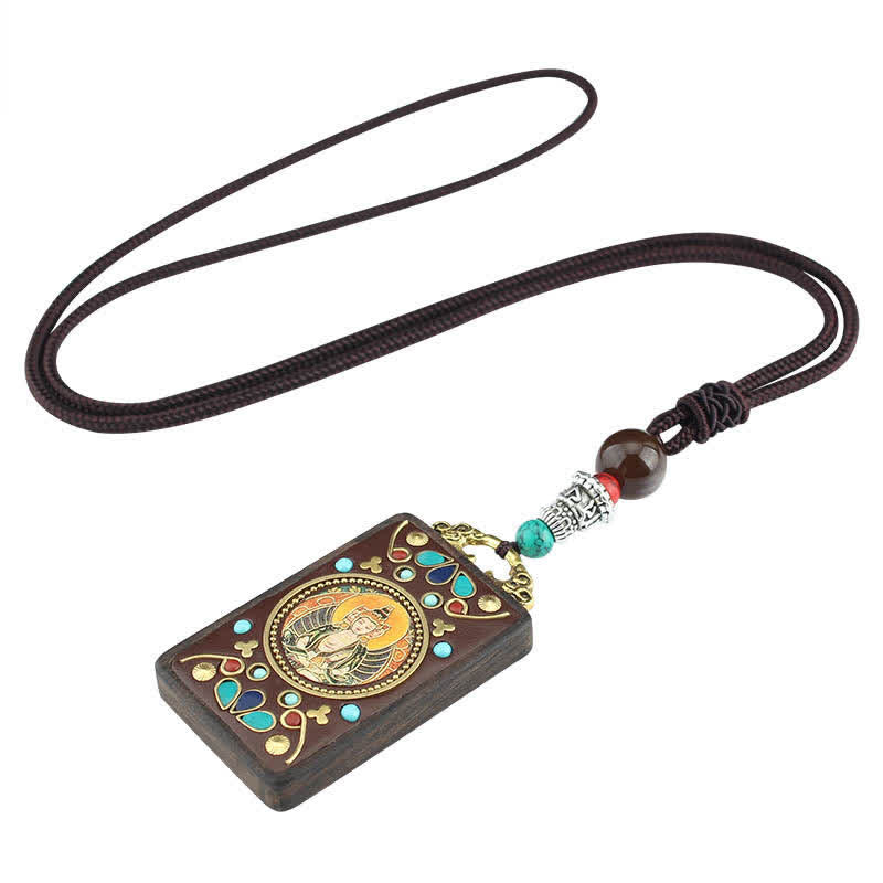Wear FengShui Tibet God of Wealth Thangka Ebony Peace Necklace Pendant