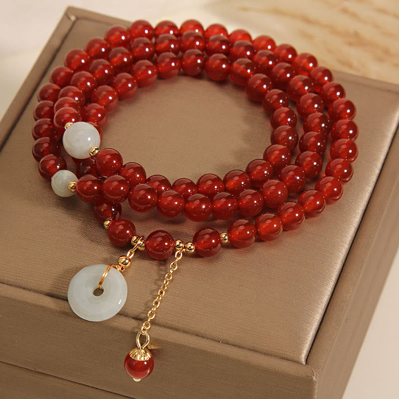 Wear FengShui Natural Red Agate Jade Peace Buckle Calm Triple Wrap Bracelet