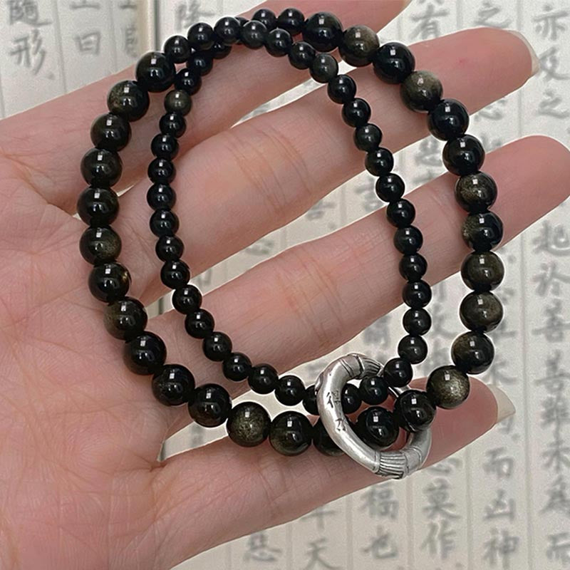 Wear FengShui 999 Sterling Silver Black Obsidian Fulfillment Strength Double Layer Bracelet