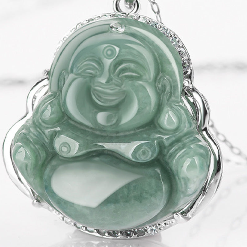 Wear FengShui Laughing Buddha Jade Abundance Necklace Titanium Steel Chain Pendant