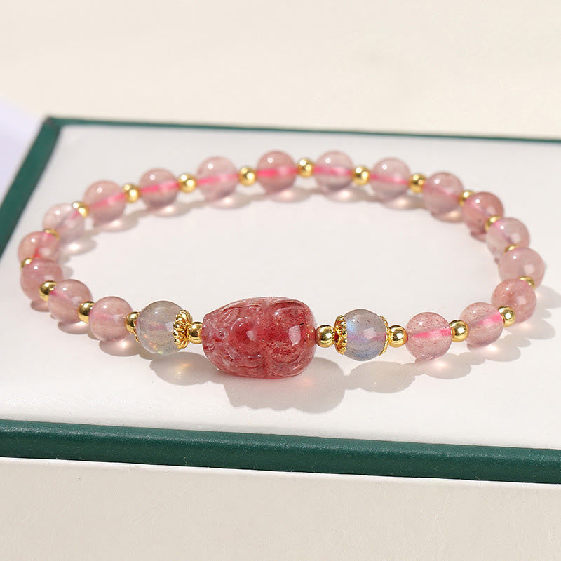 Wear FengShui Moonstone Strawberry Quartz Tourmaline PiXiu Healing Bracelet