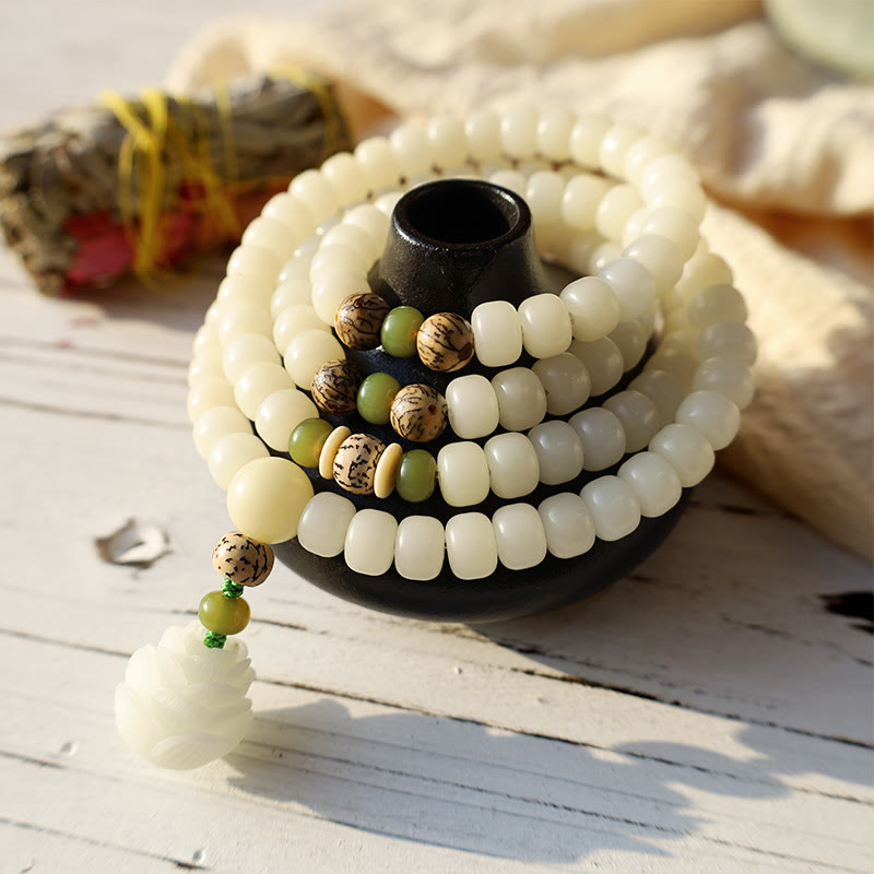 Wear FengShui White Jade Bodhi Lotus Mala Harmony Necklace Bracelet