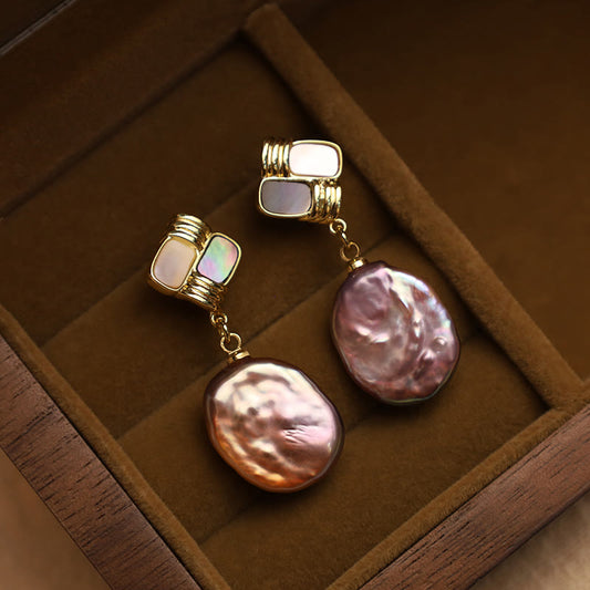 Wear FengShui 925 Sterling Silver Posts Copper Plated Gold Natural Baroque Pearl Healing Drop Earrings