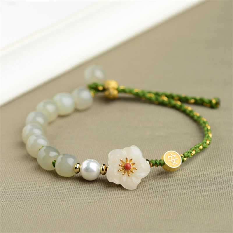Wear FengShui 925 Sterling Silver Natural Hetian Jade Peach Blossom Luck Bracelet