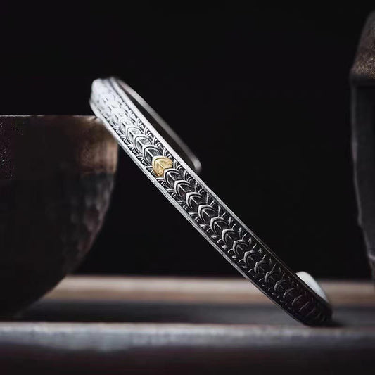 Wear FengShui Vintage Dragon Scales Pattern Luck Wealth Cuff Bracelet Bangle