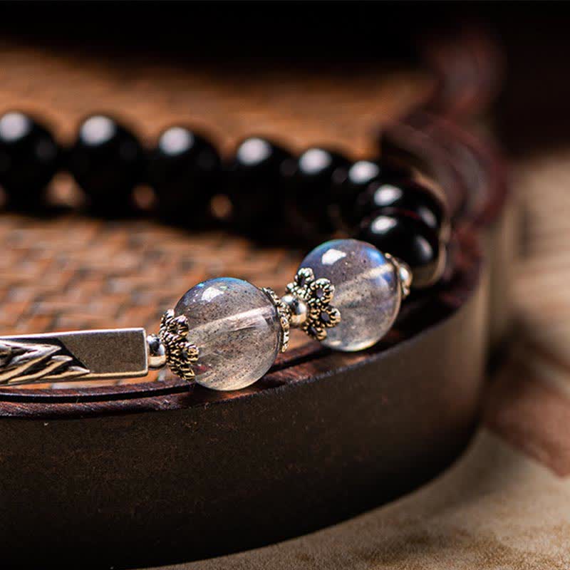 Wear FengShui 925 Sterling Silver Obsidian Moonstone Strength Couple Bracelet