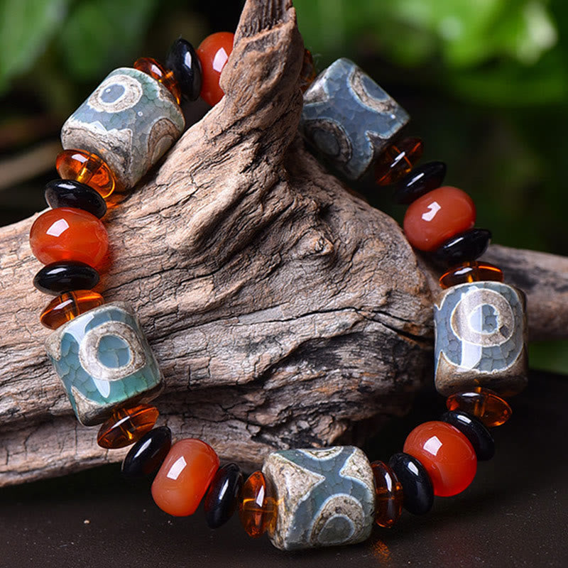 Wear FengShui Tibetan Three-eyed Dzi Bead Agate Protection Happiness Bracelet