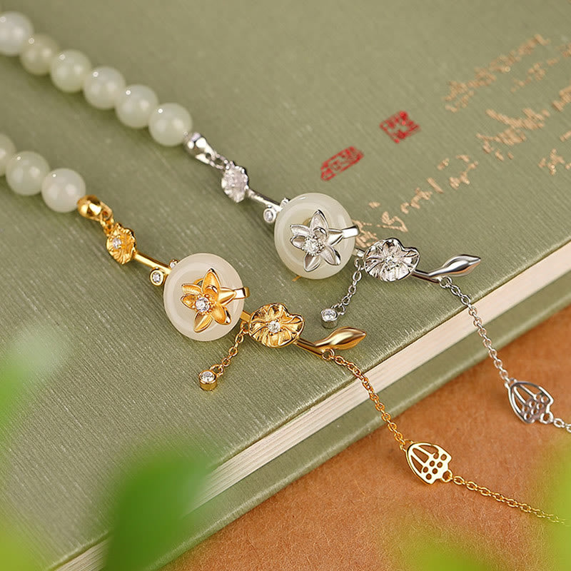 Wear FengShui 925 Sterling Silver Hetian Jade Peace Buckle Lotus Luck Chain Bracelet