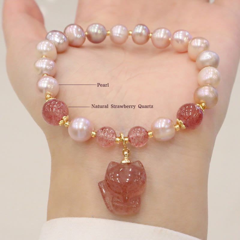Wear FengShui Natural Pearl Strawberry Quartz Cute Fox Love Healing Charm Bracelet